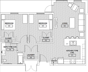 2A(a) Two Bedroom / One Bath - HC - 913 Sq. Ft.*